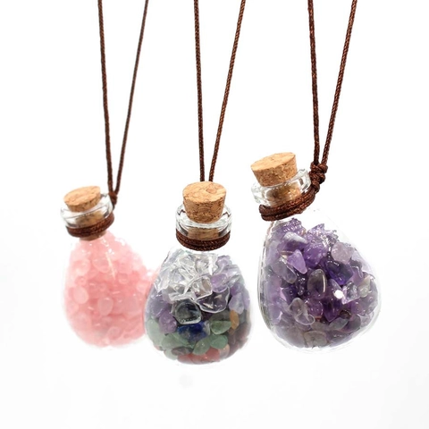 Natural Crushed Stone Glass Wishing Bottle Pendant Aromatherapy Perfume Bottle Car Hanging Decorative Jewelry Necklace For Men Women