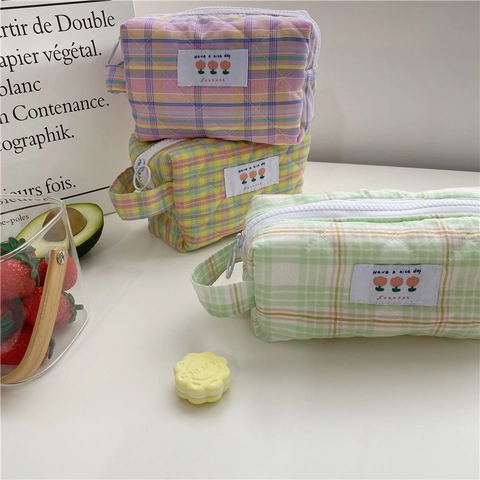Quilted Plaid Makeup Bag Cotton Canvas Zippered Stationery Pencil Pouch Aesthetic Travel Storage Handheld Organizer