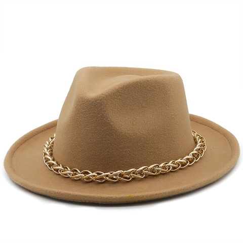 Elegante Cappello Fedora In Feltro Con Catena In Metallo Dorato Cappello Jazz Vintage A Tesa Larga Da Donna