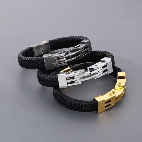 Herren Geflochtenes Lederarmband Mit Edelstahl Magnetverschluss Industrial Punk Mechanischer Stil Geometrischer Schmuck