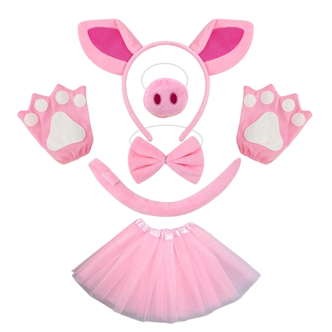 Accessori Per Costumi Cosplay Maiale Rosa Orecchie Cerchietto Naso Coda Papillon Guanti Gonna Tutu Per Festa