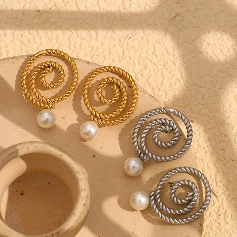 Spiral Twisted Rope Hoop Earrings 18K Gold Plated Stainless Steel Geometric Vintage Artificial Pearl Dangle For Women Elegant Fashion