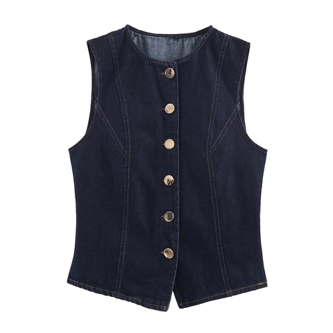Gilet In Denim Da Donna E Jeans A Gamba Larga Casual Streetwear Vita Alta Con Cintura Rossa Cotone Monopetto