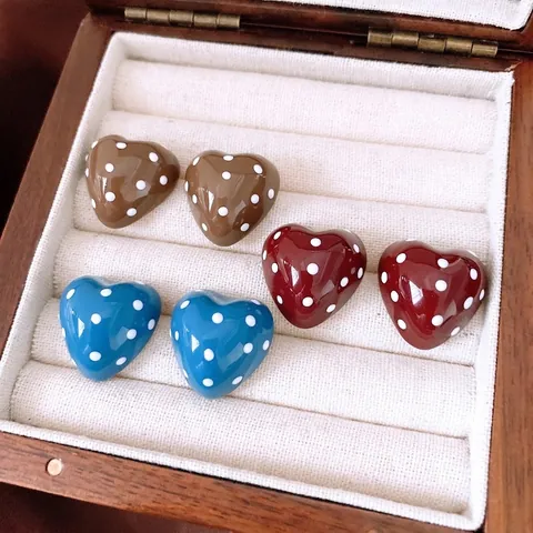 Pendientes De Botón Con Forma De Corazón Y Lunares Para Mujer Joyería De Aleación Con Poste De Plata