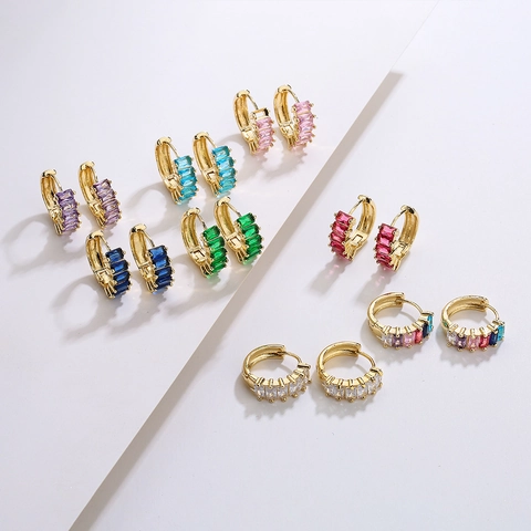 18K Gold Plated Copper Hoop Earrings With Baguette Colorful Zirconia Micro Pave Retro Light Luxury Jewelry For Women