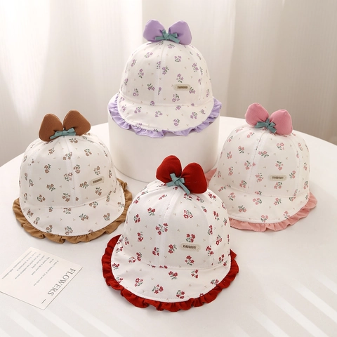 Chapeau Bob Bébé Fille Coton Imprimé Fleuri Grand Nœud Protection Solaire Sortie Printanière Enfant