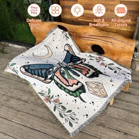 Böhmische Gewebte Wohndecke Schmetterlings Mond Muster Baumwollmischung Mit Fransen Sofaüberwurf Camping Picknick Dekorative Wandteppich Retro Tribal Stil