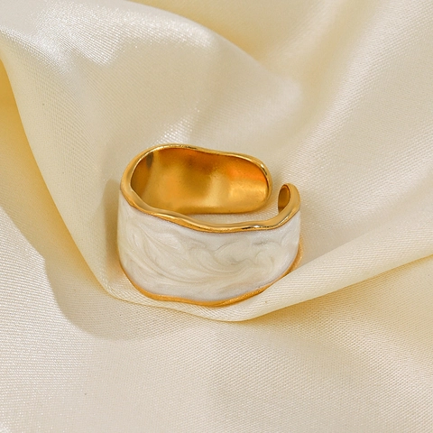 Edelstahl Ring Weiß Emaille Marmor Textur Wellenrand Verstellbar Offener Fingerschmuck Mode Elegant Vergoldet