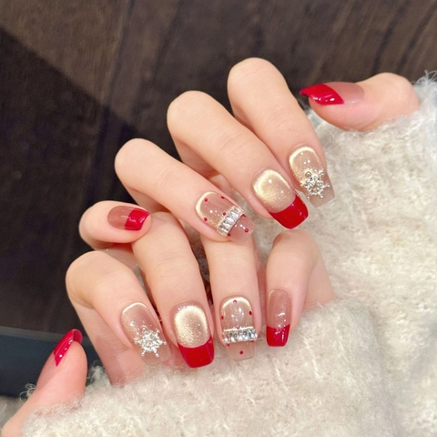 Unghie Finte Press-On Fatte A Mano Rosso Oro Occhio Di Gatto Strass Fiocco Di Neve Inverno Vacanze French Elegante Per Donna