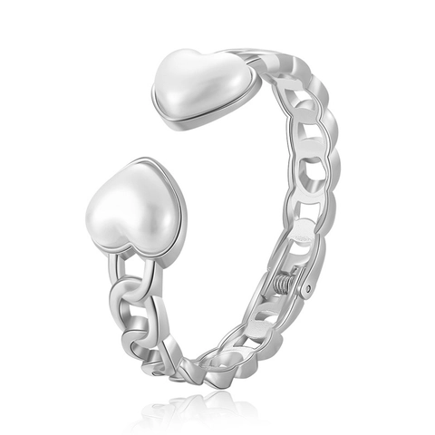 Heart Artificial Pearl Bangle Bracelet Alloy Chain Design Sweet Elegant Spring Opening Cuff Jewelry For Women