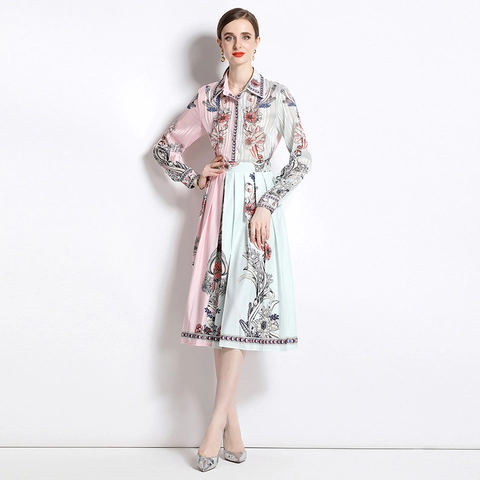 Damen Blumenmuster Color Block Revers Hemd Und Plissee Midi Rock Elegant Vintage Outfit Polyester