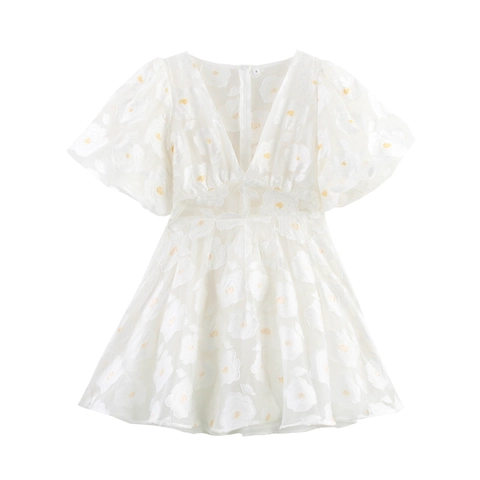 White Mini Dress V Neck Floral Embroidery Mesh Organza Puff Sleeve High Waist Elegant Sweet Style For Women