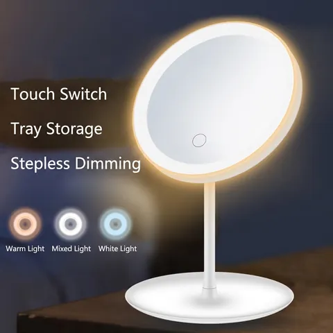 LED Schminkspiegel Mit Ablageschale Wiederaufladbar Desktop Kosmetikspiegel Einstellbare Farbmodi Touch Dimmen Tragbar Für Frauen