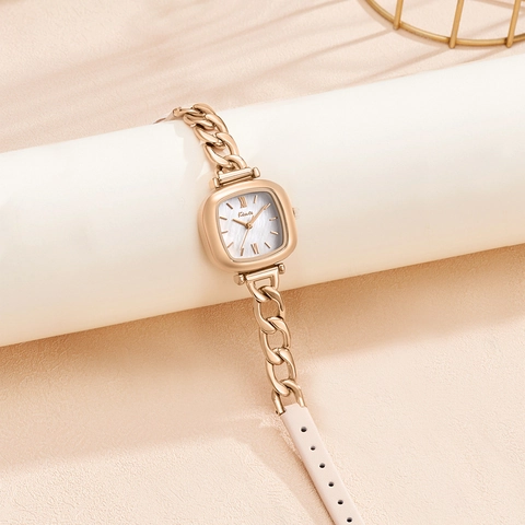 Montre Quartz Carrée Femme Mode Élégante Cadran Nacre Bracelet Chaîne Alliage Cuir Étanche Chiffres Romains