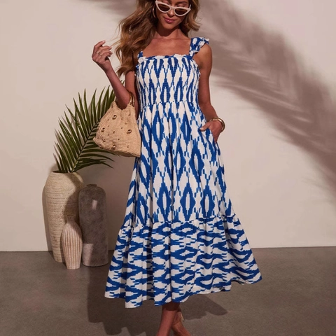 Abito Midi Con Scollo Quadrato Arricciato Spalline Con Volant Linea A Balze Stampa Geometrica Blu Bianco Boho Estate Donna