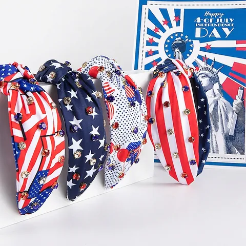 Knotted Headband With American Flag Print And Colorful Rhinestones For Independence Day Holiday Celebration For Women