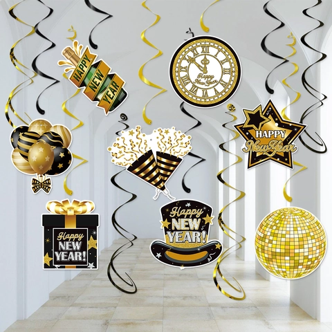 Décorations De Tourbillons Suspendus Pour Fête Nouvel An Noir Or Carton Plastique Spirales Pour Célébration De Réveillon