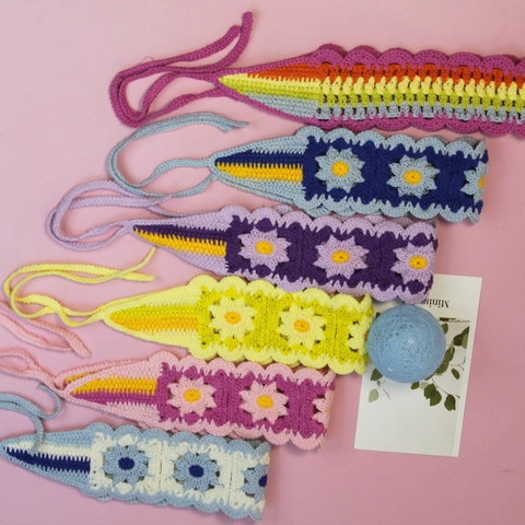 Handmade Crochet Flower Headband Knit Daisy Pattern Bohemian Adjustable Tie Hair Band Headwear For Women Girls