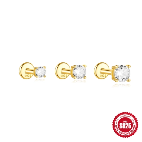 Boucles d'Oreilles Clous Minimalistes en Argent Sterling S925 avec Zircon Plaqué Or Rond Bijoux de Piercing pour Femme Homme