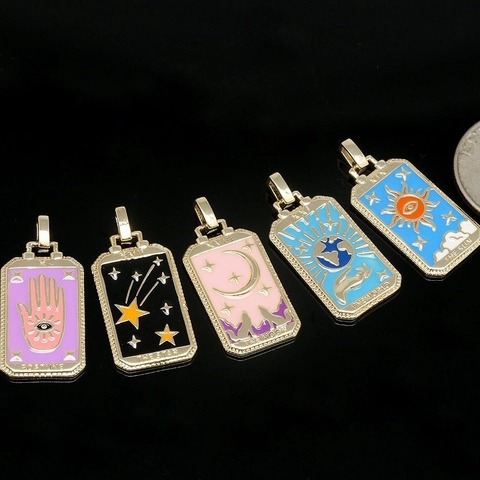 Vintage Tarotkarten Anhänger Halskette Vergoldet Kupfer Emaille Rechteck Himmlische Sonne Mond Stern Schmuck