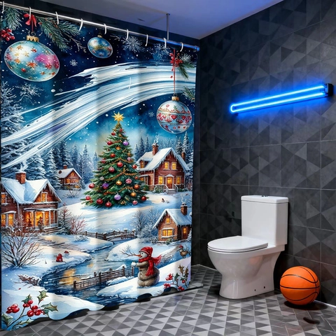 Weihnachts Duschvorhang Wasserdicht Polyester Gewebe Winter Schneeszene Dorf Druck Badezimmer Dekor Mit Kunststoff Haken