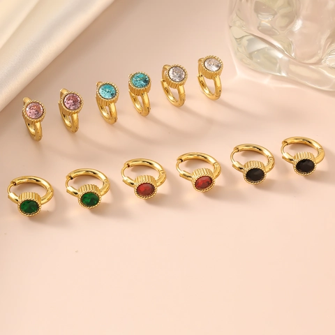 Luxury Stainless Steel 18K Gold Plated Round Rhinestone Huggie Earrings For Women Vintage High End Inlaid Hoop Earrings