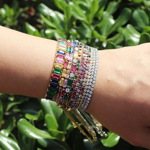 Adjustable Rainbow Zircon Tennis Bracelet Copper Gold Plated Slider Clasp Elegant Fashion Jewelry For Women