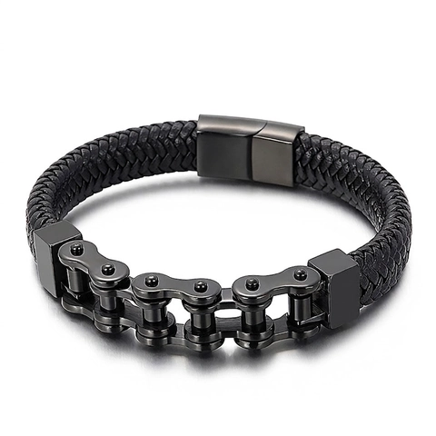 Bracciale Da Uomo In Pelle Intrecciata Acciaio Inossidabile Catena Da Bicicletta Gioielli Punk Biker Con Chiusura Magnetica