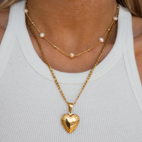 Minimalist Layered Necklace Stainless Steel 18K Gold Plated With Artificial Pearls And Heart Locket Snake Chain Jewelry For Women