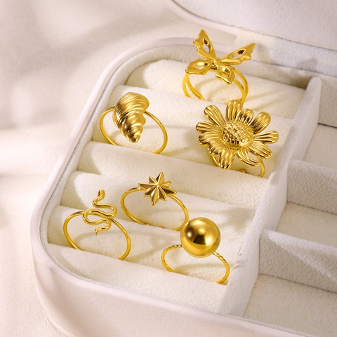 Anillos Abiertos Ajustables De Acero Inoxidable Chapado En Oro Moda Inspirados En La Naturaleza Mariposa Serpiente Girasol Concha Estrella Joyería Para Mujeres