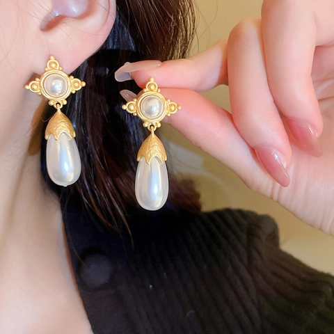 Vintage French Teardrop Earrings With Faux Artificial Pearl Copper And 925 Sterling Silver Earring Post For Women