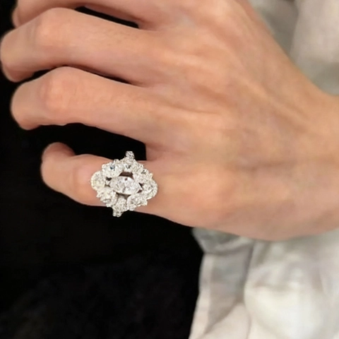 Anello Aperto Marquise Zircone Rame Placcato Argento Fiore Cluster Gioielli Regolabili Vintage Lusso Donna Regalo