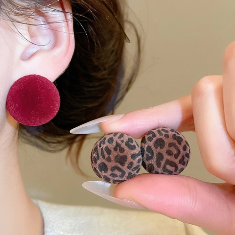 Flocked Round Stud Earrings With Silver Earring Post Retro Leopard Print Burgundy Red Autumn Winter Jewelry For Women