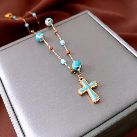 Cross Pendant Necklace Copper Beaded Retro Religious Jewelry For Women Turquoise Style Stone Rhinestones