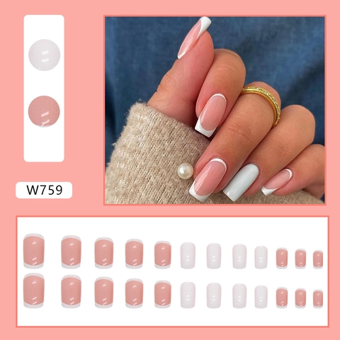 White French Tip Press On Nails Square Nude Pink Glossy Artificial False Fingernails For Women Elegant Manicure