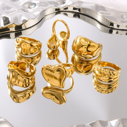 Unregelmäßiger Vergoldeter Edelstahl Ring Für Damen Einzigartiges Herz Geometrische Geschmolzene Textur Verstellbarer Offener Mode Ring Statement Schmuck