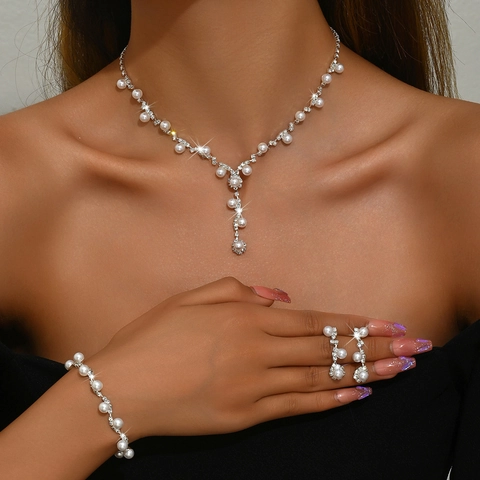 Elegant Copper Artificial Pearl Rhinestone Jewelry Set For Women Including Y-Shaped Necklace Drop Earrings And Adjustable Bracelet Wedding Party Evening Accessory