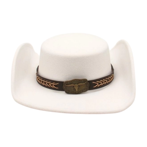 Western Cowboy Hat Felt Braided Leather Belt Metal Steer Skull Retro Ethnic Wide Brim Fedora Unisex Vintage Style