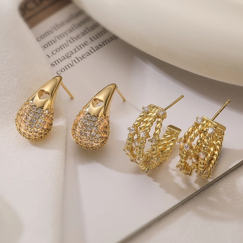 Water Drop Heart And Braided Hoop Earrings 18K Gold Plated Copper Cubic Zirconia With Copper Earring Post For Women