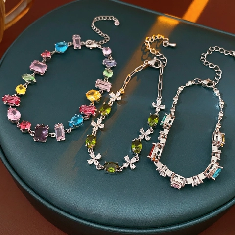 Pulsera De Cobre De Lujo Con Flores De Circonita Coloridas Dijes Ovales Joyería De Cadena Ajustable Para Mujer