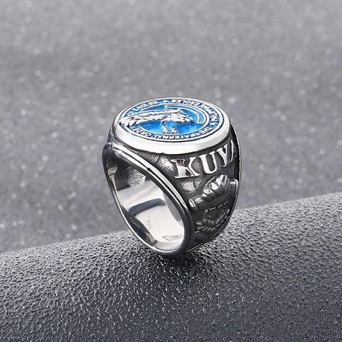 Men Signet Ring Stainless Steel Blue Enamel Eagle Vintage Fraternity Retro Punk Jewelry Accessory