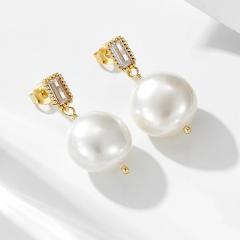 Orecchini A Goccia Con Künstliche Perle E Perno In Argento Sterling 925 Zircone Rettangolare Stile Retrò Francese Elegante