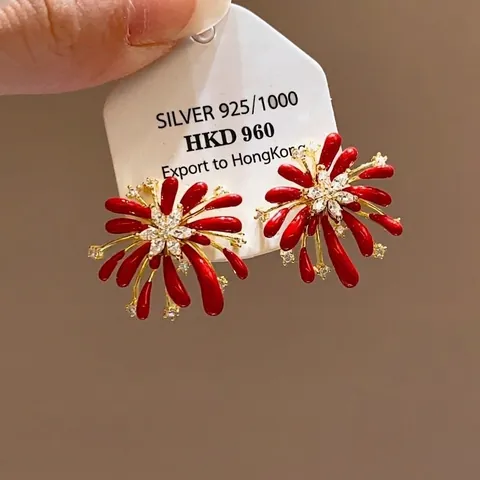 Fireworks Flower Stud Earrings Alloy Enamel Zircon With 925 Sterling Silver Earring Post Retro French Luxury Elegant For Women