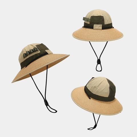 Cappello Da Sole A Tesa Larga Paglia Intrecciata Patchwork Poliestere Asciugatura Rapida Trekking Con Corda Antivento