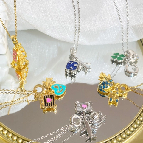 Travel Theme Pendant Necklace Titanium Steel Enamel Airplane Suitcase Globe Eiffel Tower Camera Charms For Women