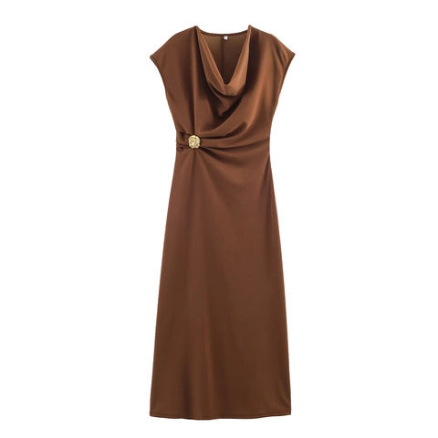 Women's Cowl Neck Sleeveless Maxi Dress Slim Fit Ruched Waist With Metal Buckle Elegant Solid Color Polyester Knitted Dress
