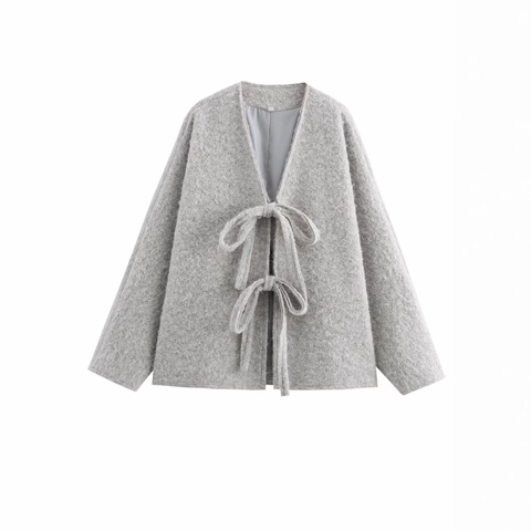 Women Plush Shaggy Jacket Tie Up Long Sleeve Solid Color Casual Round Neck Elegant Faux Fur Outerwear