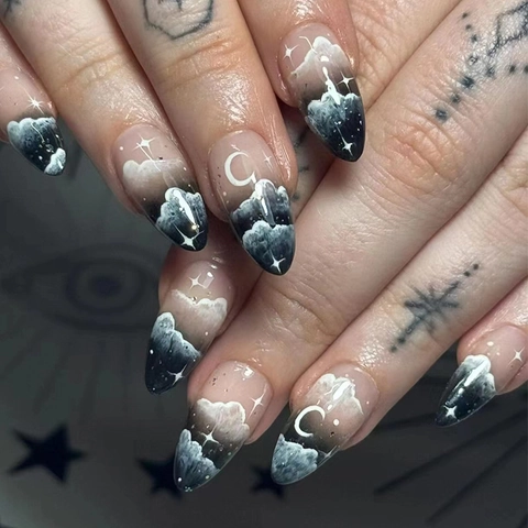 Unghie Finte Press On Mandorla Lunga Cielo Stellato Luna Nuvole Sfumate Rimovibili Manicure Scura Da Sogno Per Donne