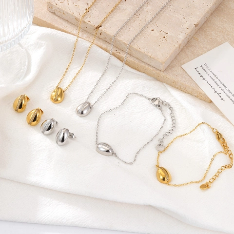 Collar Pulsera Y Pendientes De Acero Inoxidable Con Colgante De Grano Ovalado Joyas Geométricas Para Mujeres
