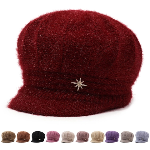 Gorra Newsboy De Invierno Para Mujer Gorro De Punto De Peluche Sombrero Octogonal Con Estrella De Strass Cálido Y Cortavientos